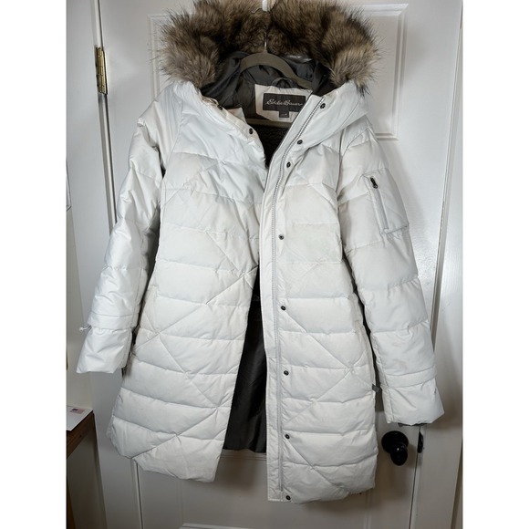Eddie Bauer Coat Womens Medium Hooded Faux Fur Down Parka Quilted Winter Warm - Picture 1 of 11